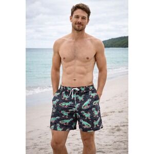 Mens Resort Swim Trunk Size M Dinosaur Print Elastic Waist Drawstring